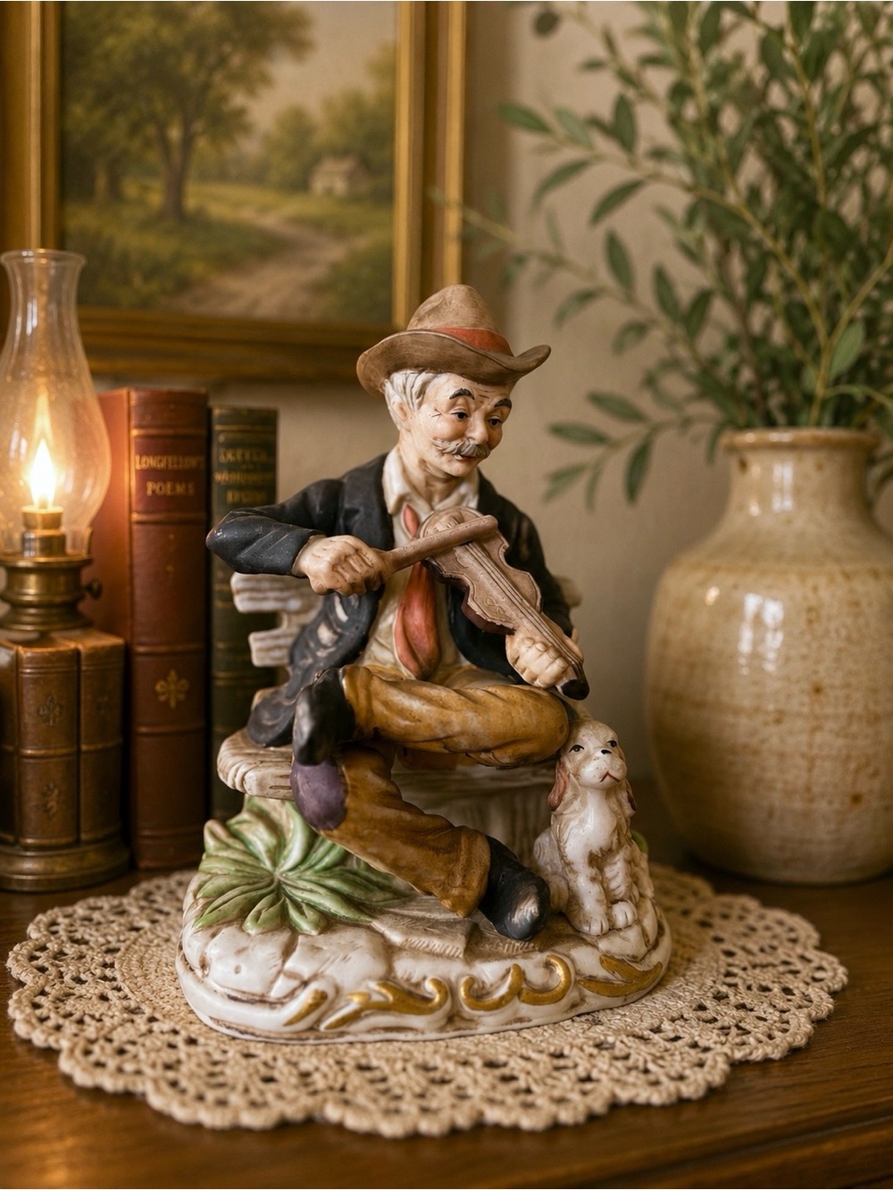 Vintage Hand-Painted Ceramic Figurine of Violinist with Dog